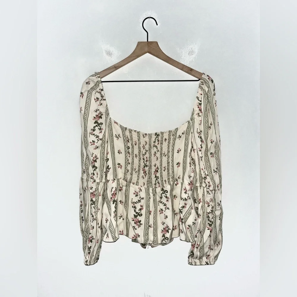 Reformation Cream Floral Peasant Blouse with Pink and Green Accents